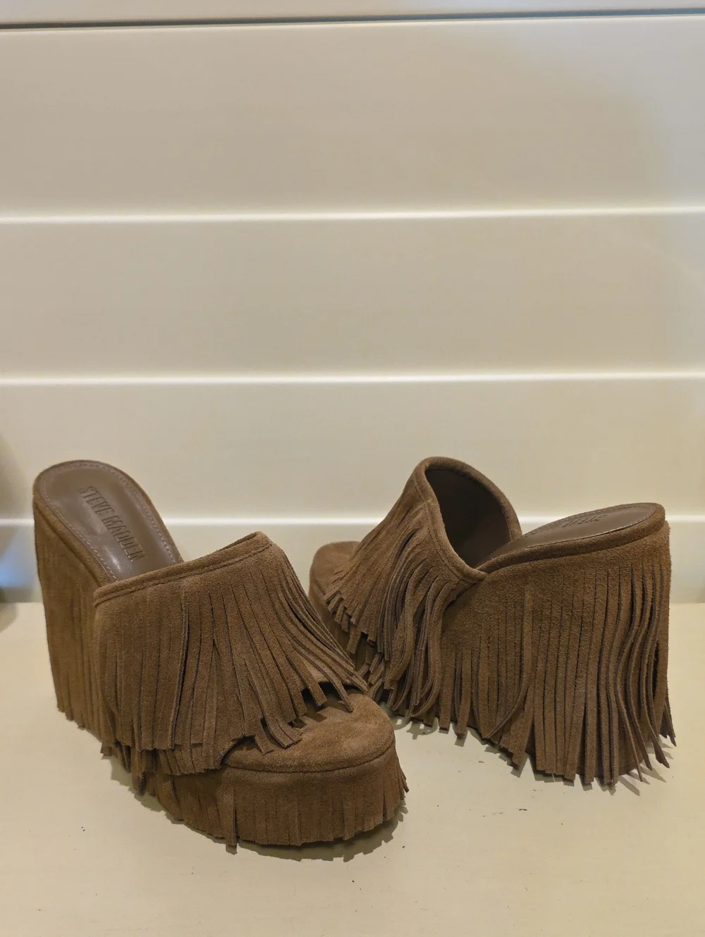 New Brown Suede Fringe Platform Mules